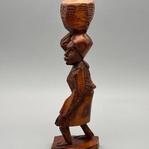 Vintage Hand Carved Wooden Figurine Carry Basket African Wood Sculpture Tribal